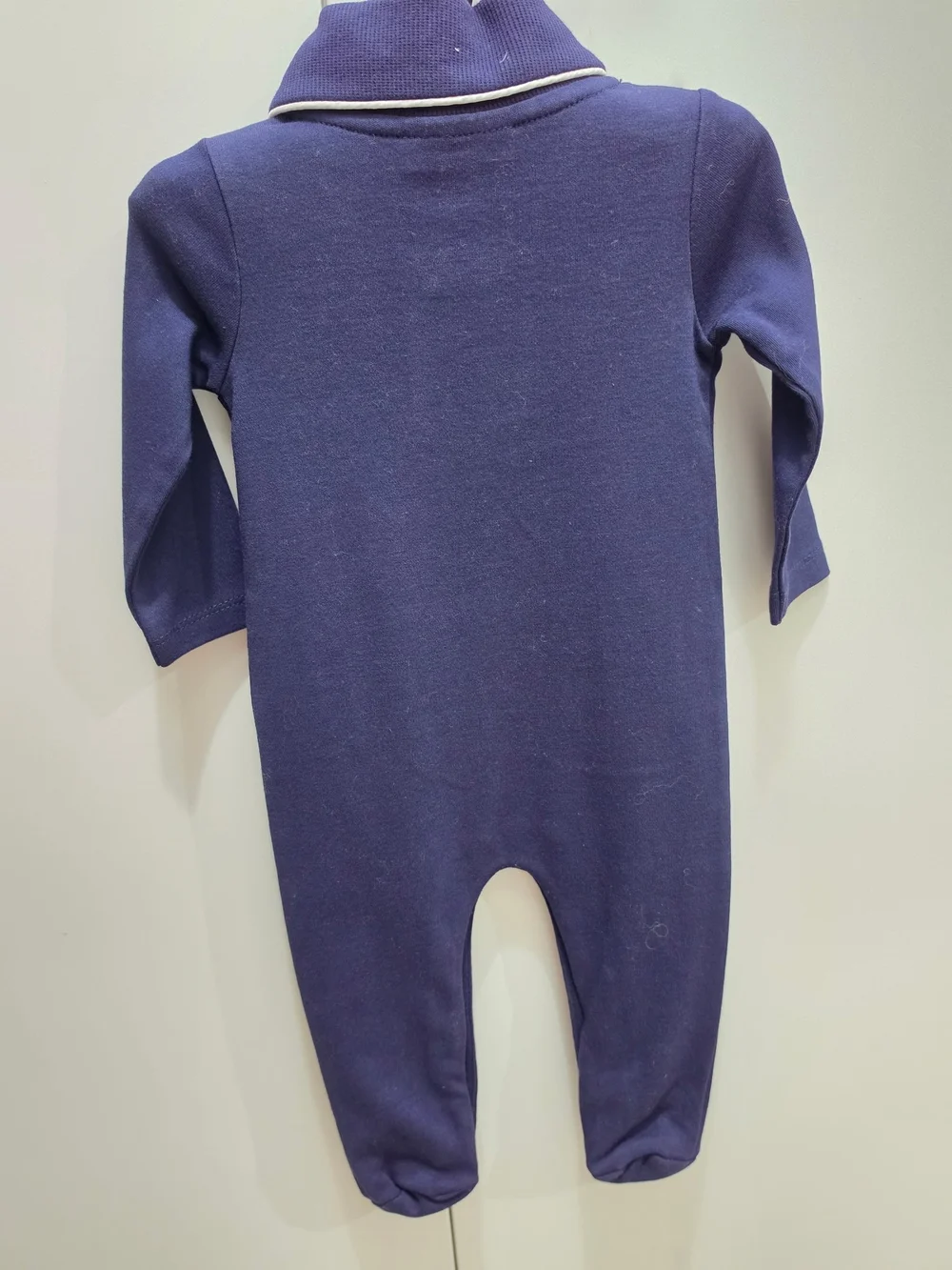 Navy Footed Baby Romper with Dog Embroidery